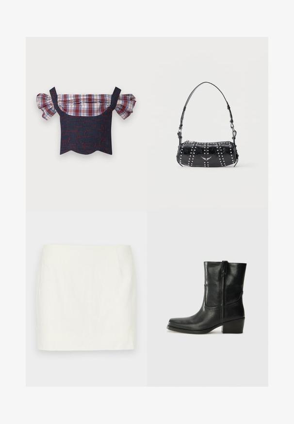 Denim off-the-shoulder top med pufferede plaid-ærmer, der har en rød og blå mønstret krop og bølget kant. Justerbare stropper inkluderet.; Hvid linned mini nederdel med lige snit, der har sidelommer og en glat tekstur. Ingen synlige mønstre eller accenter.; Sort læder ankelstøvle med rundt tå, blokhæl, lynlås i siden og stikninger på vampsiden. Glat tekstur, klassisk design.; Sort skuldertaske i laklæder med sølvnitter i lodrette rækker og et lille sølvfugleemblem midt på fronten.