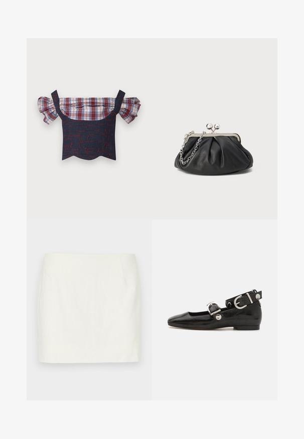 Denim off-the-shoulder topp, mille paksude plaadikätistega, punaste ja siniste mustritega keha ning lainelise äärisega. Reguleeritavad rihmad kuuluvad komplekti.; Valgete linast mini-seelikut sirge lõikega, mis sisaldab küljetaskuid ja sujuvat tekstuuri. Ilma nähtavate mustrite või aktsentideta.; Must musta nahkkinga lamead kontsad, ruudukujulise varbaga, pahkluu rihmaga, mis sisaldab hõbedast taakleid, ning lame tald. Siledat pinda ja minimalistlikku disaini.; Musthave musta nahast käekott, millel on volditud tekstuur, hõbedane metallraam, lukustatud sulgemismehhanism ja kett. Sile ja pehme pind.