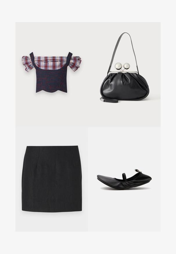 Denim off-the-shoulder top med pufferede plaid-ærmer, der har en rød og blå mønstret krop og bølget kant. Justerbare stropper inkluderet.; Sort nederdel med en skræddersyet pasform, der har plisseringer og et glat, struktureret stof. Liveskæringen er lige og har en længde over knæet.; Sort foldet læder balletsko med en enkelt rem og sølvspænde på en ensartet lys baggrund.; Sort læderhåndtaske med opsamlet design, en enkelt rem, sølv metalramme og to store runde sølv lukninger.