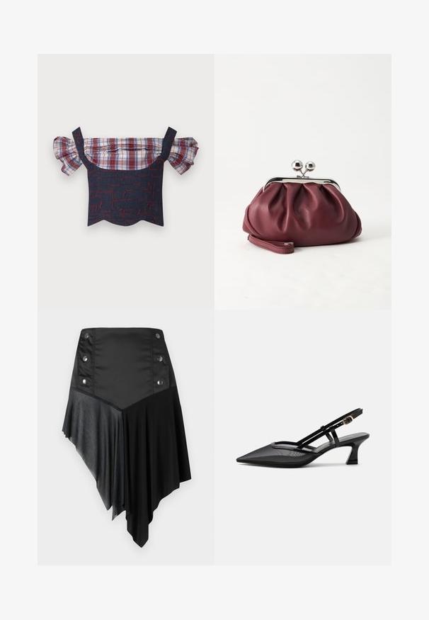 Denim top bez ramienok s nadúvanými kockovanými rukávmi, s telom so vzorom v červenej a modrej farbe a lesklým lemom. Súčasťou sú nastaviteľné ramienka.; Čierna asymetrická sukňa s kombináciou matných a textúrovaných látok, so striebornými gombíkmi na páse a vrstveným lemom.; Čierna slingback obuv so špičatou špičkou, sieťovinovým zvrškom, tenkými remienkami, zlatou prackou a nízkym zahnutým podpätkom na bielom pozadí.; Malá bordová kožená kabelka so strieborným kovovým zapínaním a remienkom na zápästie na bielom pozadí.