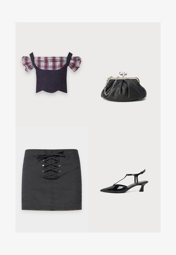 Top en denim décolleté avec des manches bouffantes à carreaux, présentant un corps à motifs rouge et bleu et un ourlet festonné. Bretelles ajustables incluses.; Mini-jupe gris foncé avec un détail de laçage à l'avant et des accessoires métalliques. Texture lisse, silhouette ajustée et taille mi-haute.; Chaussure slingback en cuir verni noir à bout pointu avec bride en T et petit talon bloc incliné sur fond blanc.; Porte-monnaie en cuir noir avec texture froncée, cadre en métal argenté, fermeture à verrouillage kiss-lock et bandoulière en chaîne. Surface lisse et douce.