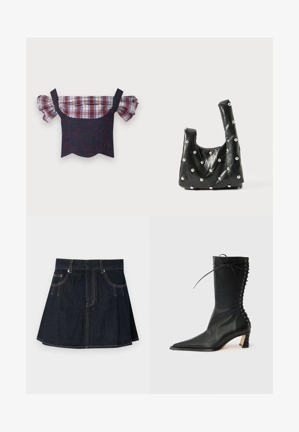 Denim off-the-shoulder top med pufferede plaid-ærmer, der har en rød og blå mønstret krop og bølget kant. Justerbare stropper inkluderet.; Denimnederdel i mørkeblå, med en flagrende design, bæltestropper, forvægspockets og kontraststing langs sømmene.; Sort ankelstøvle i læder med spids tå, slank hæl, snøredetalje bagpå og metaløjer. Glat tekstur med et elegant design.; Sort lædertaske med en blød tekstur, der har runde top-håndtag og metallisk perleaccent på overfladen. Kompakt, struktureret form.