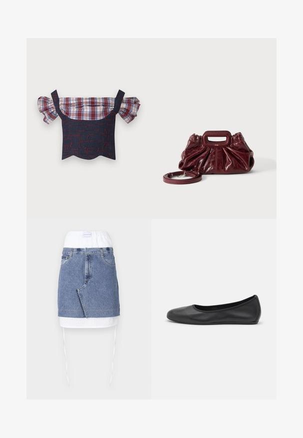 Denim off-the-shoulder top med pufferede plaid-ærmer, der har en rød og blå mønstret krop og bølget kant. Justerbare stropper inkluderet.; Denim nederdel med en blå krop, hvid perforeret talje og snoretræk. Har forlommer og en lige pasform med rå kant.; Sort læderballetsko med rund tå, glat tekstur, minimal syning og et fleksibelt såldesign.; Lille mørkerød læderhåndtaske med opsamlet struktur, rektangulært håndudskåret håndtag og aftagelig skulderrem på hvid baggrund.