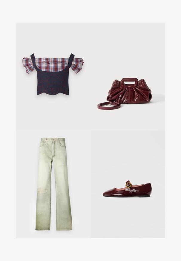 Denim top bez ramienok s nadúvanými kockovanými rukávmi, s telom so vzorom v červenej a modrej farbe a lesklým lemom. Súčasťou sú nastaviteľné ramienka.; Vyblednuté zelené džíny s vysokým pásom, širokým strihom a dierami. Obsahujú zapínanie na gombík a päť vreciek.; Burgundské lakované ploché topánky s špicatou špičkou, remienkom a okrúhlym zlatým kovovým detailom, s hladkým, lesklým povrchom.; Malá tmavočervená kožená kabelka so zhromaždenou textúrou, obdĺžnikovým výrezom na rukoväti a odnímateľným ramenným popruhom na bielom pozadí.