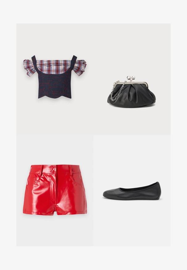 Denim off-the-shoulder top med pufferede plaid-ærmer, der har en rød og blå mønstret krop og bølget kant. Justerbare stropper inkluderet.; Røde faux læder shorts med en blank finish, der har høj talje, forlommer og syningsdetaljer. Struktureret, tætsiddende design.; Sort læderballetsko med rund tå, glat tekstur, minimal syning og et fleksibelt såldesign.; Sort læder clutch med samlet tekstur, sølvfarvet metalramme, kys-lås lukning og kædestrop. Glat, blød overflade.