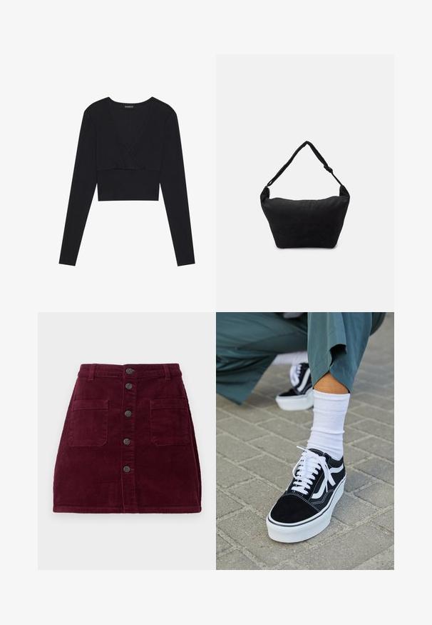 Sort ribbet langærmet cropped top med en dyb V-halsudskæring og en tætsiddende silhuet, der har et sømløst design og en blød tekstur.; Burgunderfarvet kordfløjlsskjorte med høj talje, fem frontknapper og to forlommer; tekstureret stof med lodret ribbede mønster.; Sorte ruskinds sneakers med hvide accenter og snørebånd, der har en tyk hvid sål og kontrasterende syninger, parret med en hvid sok.; Sort stof skuldertaske med en blød tekstureret overflade, rund form og en enkelt rem. Minimalistisk design uden synligt hardware eller accenter.