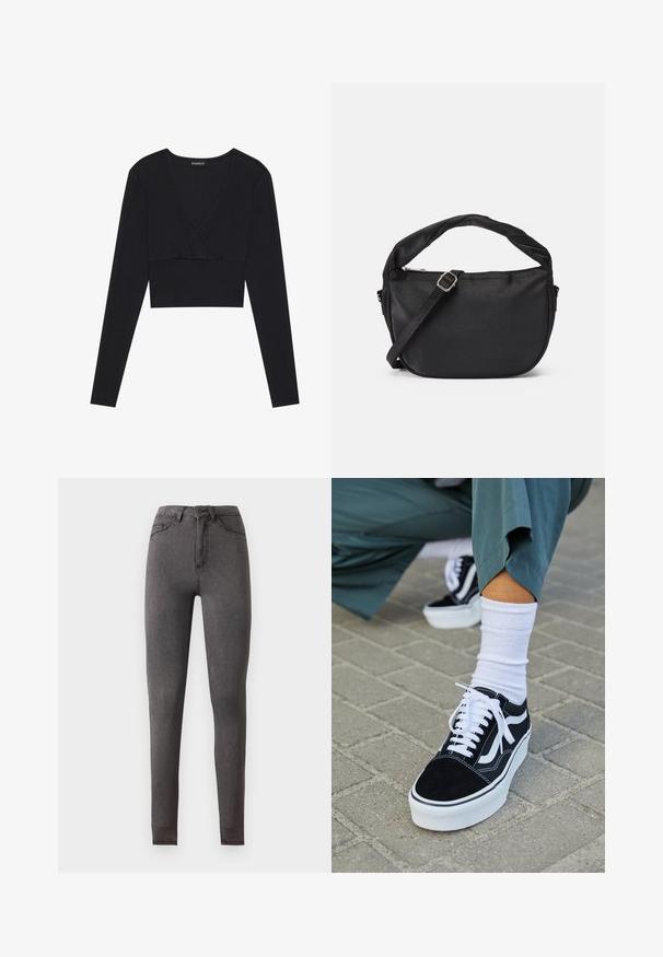Must mustriblijaga pikemade varrukatega crop top musta värviga, millel on sügav V-kaelus ja keha ligi käiv joon. Topil on sujuv disain ja pehme tekstuur.; Kõrge vöökohaga tumehallid kitsad teksapüksid esikülje ja tagataskutega, nööpidega kinnituvad ning nähtavate õmblustega.; Mustjad sametist tennisjalanõud valgete aktsentide ja nööridega, millel on paks valge tald ja kontrastsed õmblused, koos valge sokiga.; Must mustra kott, millel on keerdkäepide, eemaldatav rihm ja lukuga pealmine sulgur. Sile tekstuur ja minimalistlik disain.