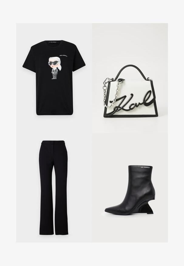 Sort bomulds t-shirt med en grafisk tegneseriefigur i grå og hvid, iført solbriller og jakkesæt, med "KARL LAGERFELD" trykt ovenfor.; Sorte bukser med lige snit, glat tekstur og en talje med en enkelt knaplukning. Ingen synlige mønstre eller accenter.; Sort læderankelstøvle med buet skulptureret hæl og Karl Lagerfeld-logo nær den øverste kant på hvid baggrund.; Hvid læderhåndtaske med sorte detaljer, der har et signatur sort logo. Den har en struktureret form og en sølv kædetræksrem.