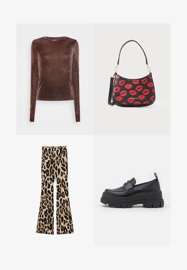 Noisy May NMANNA O-NECK - Pikkade varrukatega topp - black; Leopardimustriga, musta ja pruuni tooni, flared püksid, ribakujulise tekstuuri ja kõrge vöökohaga disain.; Mustast nahast loafers paksu soonilise tallaga, moc varbaõmblusega, peal rihma detail ja kandmisel tõmbekõrvaga, näidatud küljelt.; Mustmust värvi käekott kaarduva kujuga, kaunistatud punaste huulte jälgedega. Omab musta rihma ja kuldset metallist detaili, millel on silt "Valentino".