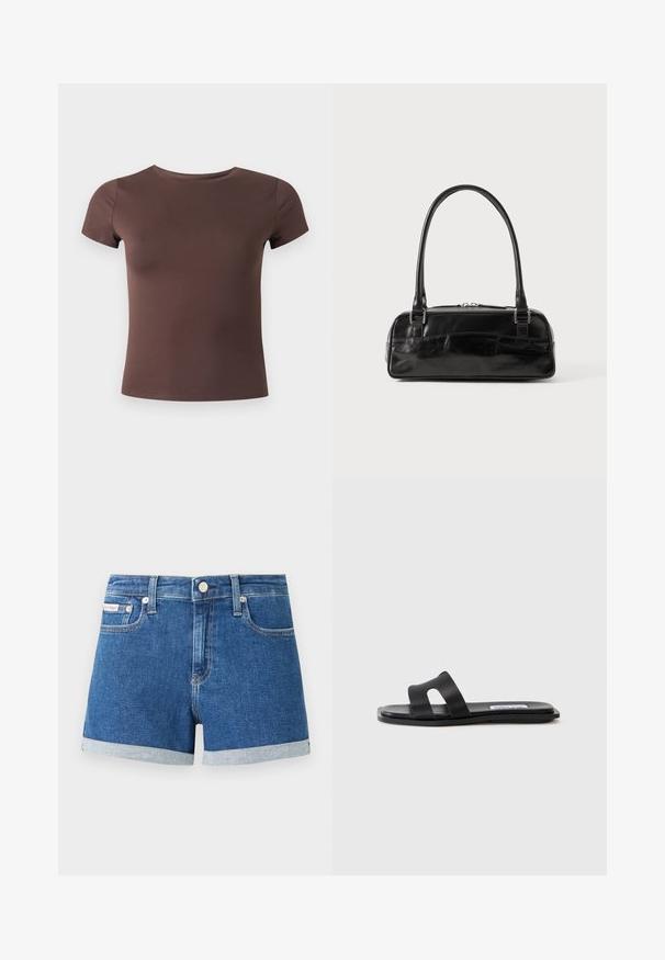 Korte bruine aansluitende T-shirt met korte mouwen en een ronde hals op een effen lichte achtergrond.; Donkerblauwe denim shorts met omgeslagen zoom. Voorzien van een knoopsluiting en voorkanten zakken. Gladde textuur met subtiele stikdetails.; Zwarte platte sandaal met twee brede banden, een uitsnijding op een band en een gladde matte afwerking. Dunne, flexibele zool.; Zwarte leren handtas met een rechthoekige vorm, voorzien van een enkele gestructureerde handgreep, zilveren hardware en ritsluiting. Gladde textuur.