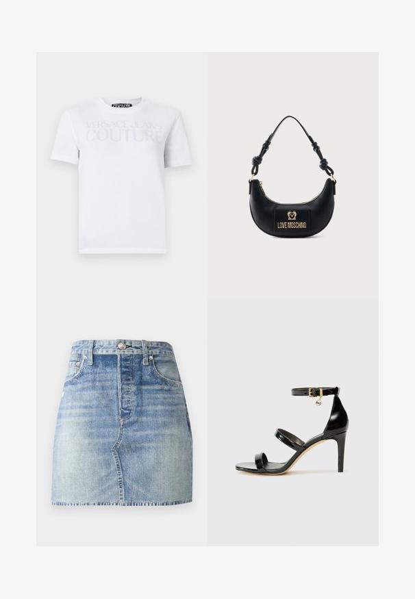 Hvid T-shirt med korte ærmer med teksten "Versace Jeans Couture" i lysegrå tværs over brystet, rund halsudskæring og almindelig pasform.; Denimnederdel i lyseblå vask, med høj talje og tætsiddende design, frynset kant og klassisk fem-lomme-stil. Søjlehardware i sølv.; Sorte patenterede lædersandaler med tre stropper, ankelspænde og 10 cm stiletthæl. Har detaljer i guld og et logo charms.; Sort halvmåneformet håndtaske med knyttet håndtag og guld "Love Moschino" logo plaque foran, lynlåslukning øverst.