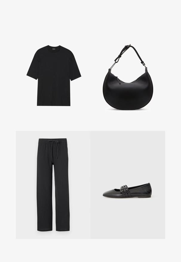Schwarzes T-Shirt mit kurzen Ärmeln aus Baumwolle. Hat einen Rundhalsausschnitt und einen geraden Saum. Minimalistisches Design ohne Muster oder Akzente.; Schwarze Hose mit lockerer Passform, aus strukturiertem Stoff gefertigt, mit elastischem Bund und Zugband für anpassbare Größe.; Schwarzer flacher Schuh mit spitzem Zehenbereich, aus glattem Leder gefertigt. Verfügt über drei dekorative Riemen mit Schnallen über dem Spann.; Schwarze, sichelförmige Handtasche aus strukturiertem Leder mit verstellbarem Riemen und Reißverschluss oben vor weißem Hintergrund.