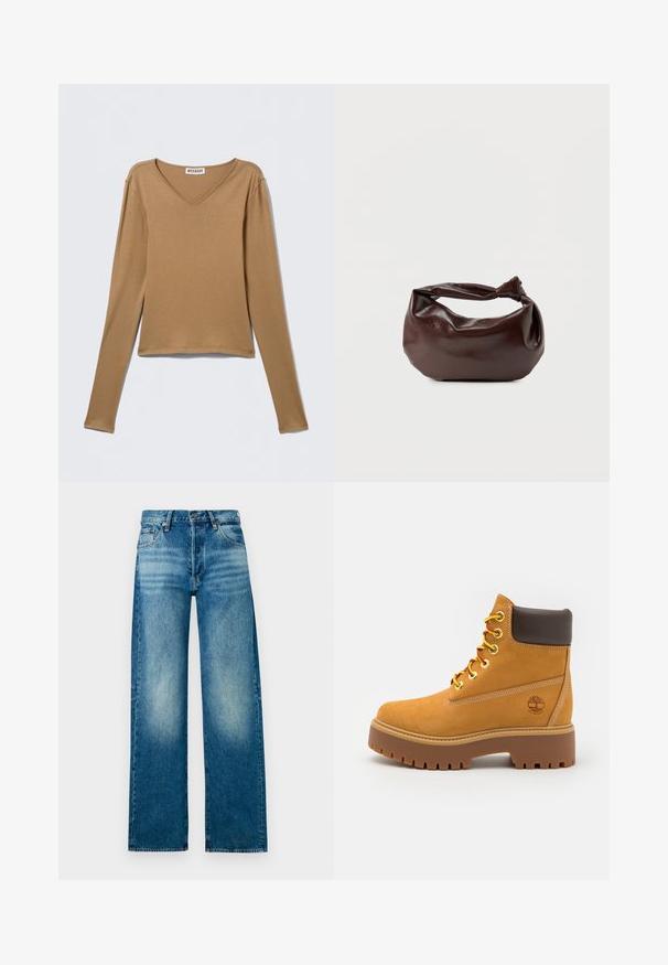 Bruine top met lange mouwen en V-hals, gemaakt van zachte, gladde stof met een relaxte pasvorm en minimalistisch ontwerp. Heeft geen opvallende versieringen.; Lichtblauwe denimjeans met een hoge taille, wijde pijpen en een vervaagde afwerking. Voorzien van een klassiek five-pocket ontwerp en metalen knoopsluiting.; Tan waterdichte enkelboot met een stevige rubberen zool, ronde neus, bruine leren kraag, gele veters en een logo aan de zijkant.; Donkerbruine leren schoudertas met een zachte, slungelige vorm en een gedraaide knoopvormige handgreep op een effen witte achtergrond.