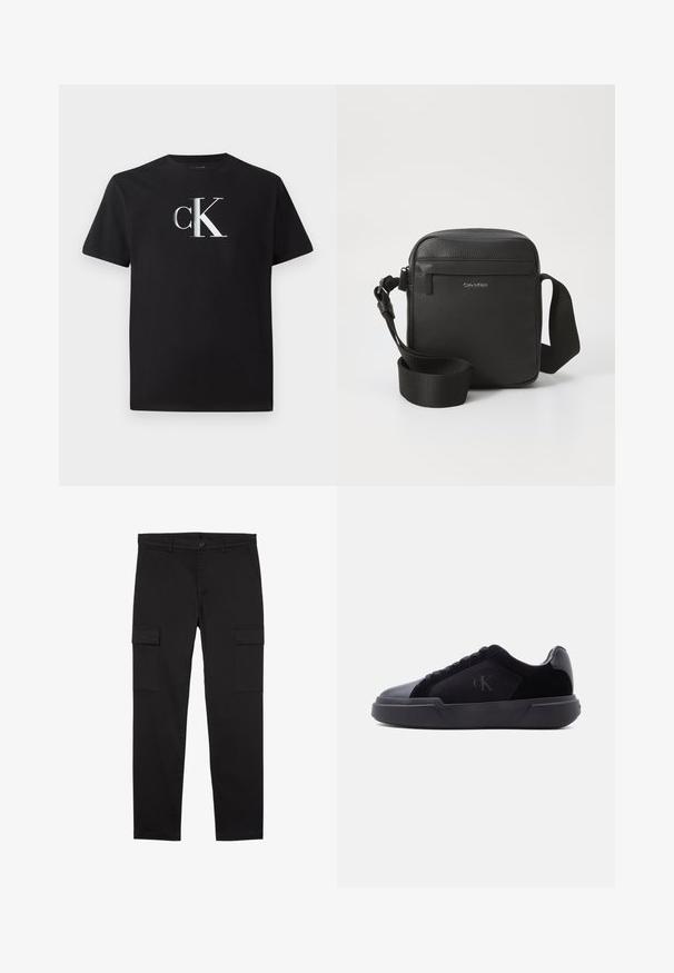 Camiseta de algodón negra con un logo plateado "ck" en la parte frontal. Manga corta y cuello redondo con un ajuste regular.; Pantalones cargo negros de pierna recta con bolsillos laterales con solapa, botón delantero, trabillas para el cinturón y un diseño limpio y minimalista.; Zapatilla negra de perfil bajo con suela gruesa, cierre de cordones en la parte delantera y un sutil logo "cK" en el panel lateral.; Bolso cruzado de cuero negro con un acabado texturizado, que cuenta con un bolsillo frontal con cremallera y una correa de tela ajustable. Logo de la marca visible.