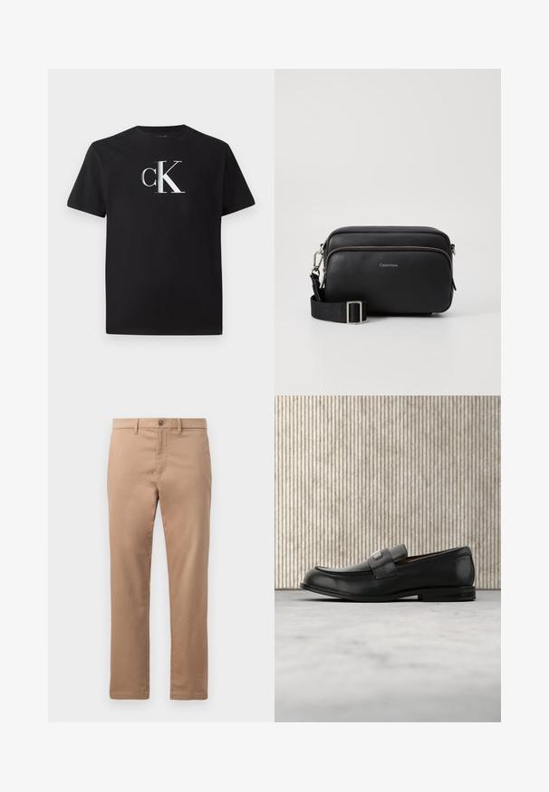 T-shirt en coton noir avec un logo argenté "ck" sur le devant. Manches courtes et col rond avec une coupe régulière.; Chinos beige en coton avec une texture lisse, dotés d'une fermeture éclair et d'un bouton. Design à jambe droite, sans motifs ni accents visibles.; Mocassin en cuir noir avec une plaque de marque en métal reposant près d'une table ronde marron sur un sol recouvert de moquette beige.; Sac en cuir noir à bandoulière avec deux compartiments zippés, finition texturée, sangle ajustable et accents en métal argenté. Logo Calvin Klein affiché.