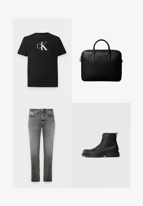 Zwarte katoenen t-shirt met een zilveren "ck" logo aan de voorkant. Korte mouwen en een ronde halslijn met een normale pasvorm.; Rechtersnit grijze denim jeans met voorzakken, riemlussen, knoopsluiting en subtiele vervaagde details.; Zwarte gestructureerde leren veterschoen tot de enkel met dikke zool en een lusje aan de achterkant, zijaanzicht.; Zwarte gestructureerde leren aktetas met dubbele handvatten en zilveren ritstrekkers, gecentreerd op een witte achtergrond.