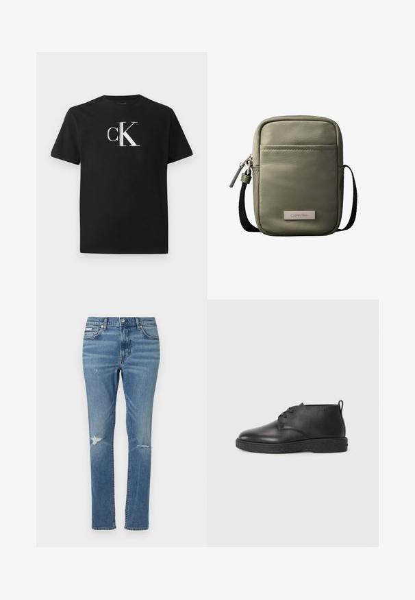 Musta puuvillainen t-paita, jossa on hopeinen "ck" logo edessä. Lyhyt hiha ja pyöreä pääntie, säännöllinen istuvuus.; Vaaleansiniset farkut suoran lahkeiden leikkauksella, joissa on kulutettuja yksityiskohtia polvissa ja klassinen viiden taskun tyyli.; Mustat nahkaiset nilkkurit, joissa on sileä pinta, pyöreä kärki ja musta kumipohja. Varustettu nauhakiinnityksellä ja kantataskulla helppoa pukemista varten.; Kompakti oliivinvihreä ristikkomallinen olkalaukku, jossa etutasku, musta säädettävä hihna, vetoketjusuljin ja Calvin Kleinin logolaatta.
