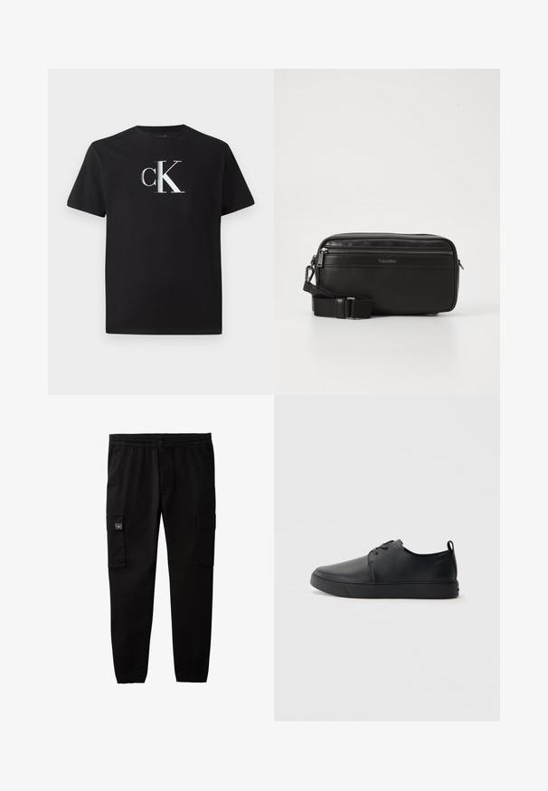 Camiseta de algodón negra con un logo plateado "ck" en la parte frontal. Manga corta y cuello redondo con un ajuste regular.; Pantalones cargo negros con cintura y puños elásticos, cierre de botón y cremallera, y bolsillos con solapa en cada muslo.; Zapatilla negra de cuero con acabado suave, punta redondeada, costuras a tono, cordones en la parte delantera y suela de goma plana. Asa en el talón.; Bolso cruzado de cuero negro con un compartimento con cremallera, superficie texturizada, correa ajustable y marca Calvin Klein en la parte frontal.