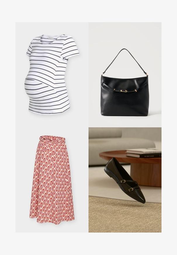 T-shirt de maternité blanc avec des rayures horizontales noires et des manches courtes, conçu avec un espace supplémentaire pour le ventre de bébé.; Jupe portefeuille rouge et blanche à motifs, avec une attache à la taille, présentant un design géométrique et une silhouette fluide.; Chaussure plate noire à bout pointu avec deux fines brides à boucle flottant au-dessus d'un tapis beige, avec une table basse en bois et des livres en arrière-plan.; Sac à épaule en cuir noir avec une bandoulière unique et un petit détail de boucle dorée à l'avant, sur un fond clair uni.