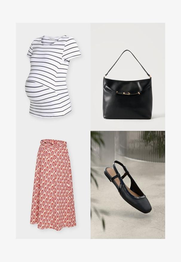 T-shirt de maternité blanc avec des rayures horizontales noires et des manches courtes, conçu avec un espace supplémentaire pour le ventre de bébé.; Jupe portefeuille rouge et blanche à motifs, avec une attache à la taille, présentant un design géométrique et une silhouette fluide.; Chaussure plate slingback en cuir noir avec un orteil carré, dotée d'un fini verni brillant et de sangles ajustables pour un maintien sécurisé.; Sac à épaule en cuir noir avec une bandoulière unique et un petit détail de boucle dorée à l'avant, sur un fond clair uni.