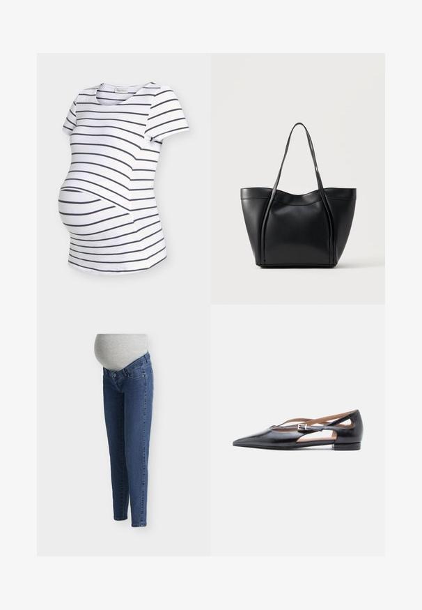 T-shirt de maternité blanc avec des rayures horizontales noires et des manches courtes, conçu avec un espace supplémentaire pour le ventre de bébé.; Jeans de maternité avec jambes en denim bleu foncé et une ceinture élastique grise conçue pour accueillir un ventre de femme enceinte.; Chaussures plates en cuir noir avec un bout pointu, des côtés ouverts et une petite bride de cheville ornée d'une boucle argentée.; Sac cabas en cuir noir avec deux longues anses et un bord supérieur légèrement incurvé, présenté sur un fond clair uni.