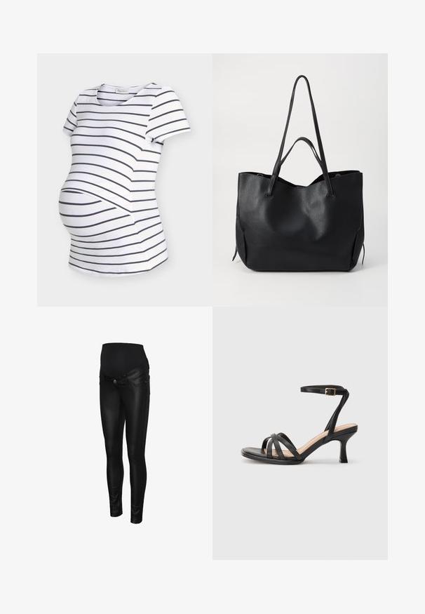T-shirt de maternité blanc avec des rayures horizontales noires et des manches courtes, conçu avec un espace supplémentaire pour le ventre de bébé.; Jean de maternité en simili cuir noir avec une ceinture lisse, une coupe slim et des détails de couture subtils sur les côtés.; Sandales à talons noirs avec plusieurs fines lanières sur le bout, une seule lanière à la cheville avec une boucle dorée, et un bout carré.; Sac fourre-tout en cuir noir avec une surface texturée, deux longues poignées, un dessus ouvert et sans quincaillerie ni accents visibles. Design simple et spacieux.