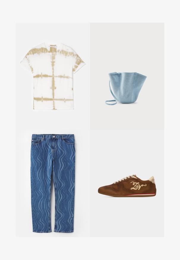 Cremefarvet bomuld t-shirt med et tie-dye mønster i jordnære beige nuancer. Korte ærmer og rund halsudskæring, med en afslappet pasform.; Blå denim jeans med et bølgende lys blå mønster, lige ben, knaplukning og syninger på lommerne.; Brun ruskindsneaker med cremefarvede snørebånd, cremefarvet broderet "ZV" på siden, beige hælflig og rød stribe nær sålen, vist fra ydersiden.; Lyseblå stofhåndtaske med lang strop, bred åbning øverst og stikninger i lodrette sømme, sat mod en ensfarvet hvid baggrund.