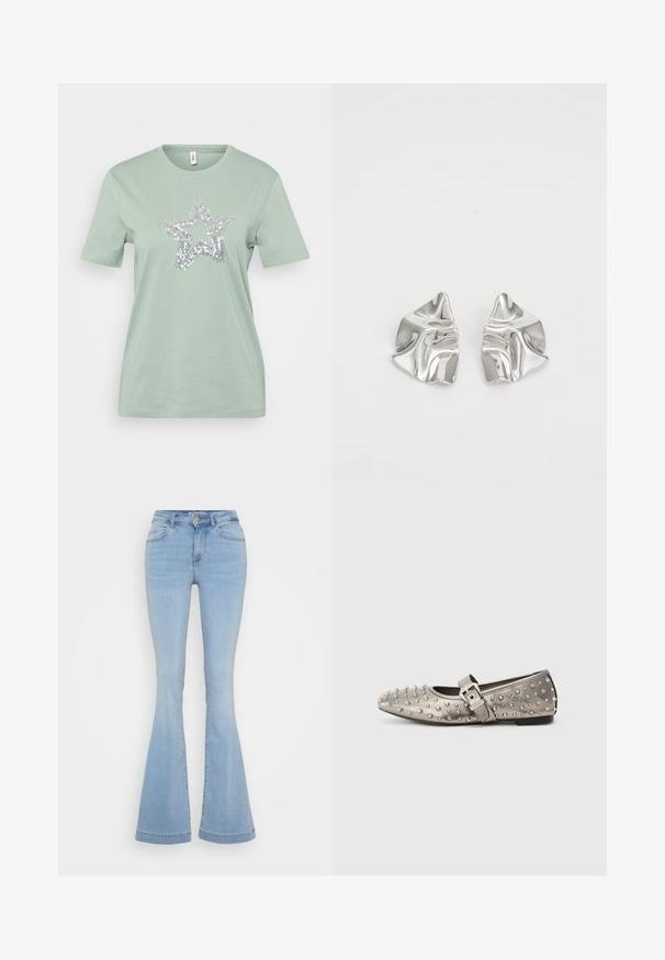 Lys grøn bomulds t-shirt med korte ærmer, med et sølvfarvet palietstjerne-design i midten. Glat tekstur, standard rund halsudskæring.; Lyseblå, flagrende jeans lavet af denim, med høj talje, fem lommer og kontraststing langs sømmene.; Grå fladsko med rund tå, prydet med metalliske nitter og en sidesnor med en sølvspænde detalje. Glat tekstur.; Sølvmetal øreringe med et bølgende, skulpturelt design, der har en poleret overflade og uregelmæssige former, hvilket fremhæver en moderne æstetik.