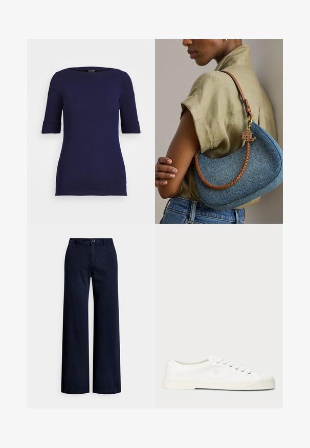 Top de manga corta azul marino con cuello redondo y puños enrollados, hecho de una tela suave y elástica con un diseño ajustado.; Pantalones de pierna ancha en color azul marino, fabricados en algodón, con cierre frontal de botones, trabillas para cinturón y un acabado liso y texturizado.; Zapatilla de lona blanca con puntera redonda, cierre de cordones y un discreto detalle de logo. Presenta una tela texturizada y suela de goma.; Mujer con camisa beige y vaqueros azules que sostiene un bolso azul de denim con correa trenzada marrón y charm dorado con el logo RLL.
