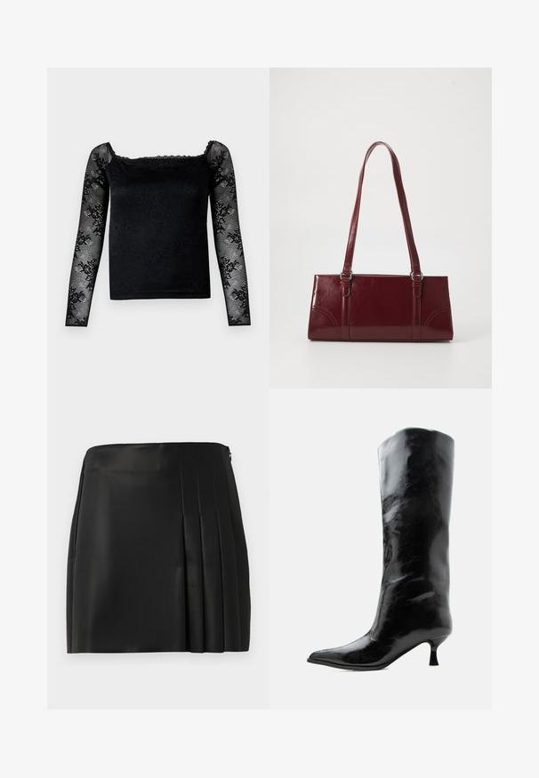 Haut noir avec de longues manches en dentelle, motif floral texturé, encolure carrée et bords festonnés. Le corps a une finition lisse et mate.; Jupe mini en faux cuir noir avec un devant lisse et des plis sur le côté droit, équipée d'une fermeture éclair au dos.; Botte en cuir noire brillante, haute jusqu'au genou, avec bout pointu et talon bas courbé sur un fond clair uni.; Sac à main bordeaux en matériau brillant, de forme rectangulaire, avec deux anses et des accents légèrement courbés à l'avant.