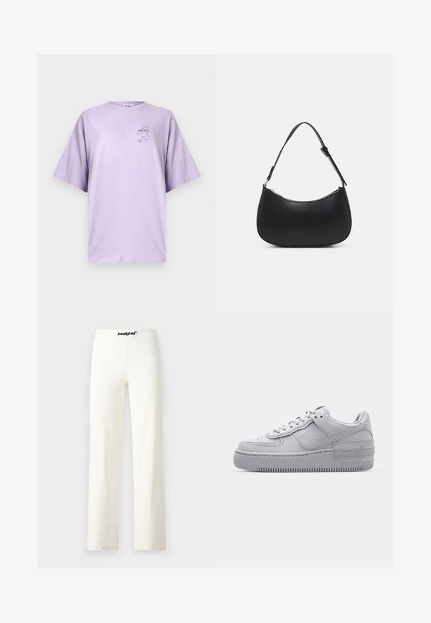 T-shirt oversize lavande avec petit motif de personnage de livre courant sur le côté gauche de la poitrine, manches courtes et encolure ronde.; Pantalons larges en coton blanc avec une texture lisse, présentant une taille avec un logo noir et un design simple et minimaliste.; Basket en cuir lisse gris Nike Air Force 1 avec un bout perforé, une semelle épaisse et un détail 'AIR' en relief sur le talon.; Pieces PCALUANA SHOULDER BAG - Sac à main - black