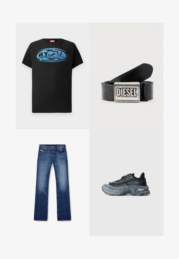 Čierne tričko s krátkym rukávom vyrobené z bavlny, s modrou grafickou logom a textom "www.diesel.com" na prednej strane.; Modré denimové rifle so strihom s rovnými nohavicami, piatimi vreckami a tónovým prešívaním. Tkanina má hladkú textúru s miernym opotrebovaním.; Čierne a šedé tenisky Diesel s hrubou podrážkou, sťahovacou šnúrou a textúrovaným dizajnom na jednoduchom svetlošedom pozadí.; Čierny kožený opasok so striebornou obdĺžnikovou prackou, na ktorej je značka "DIESEL" a fráza "FOR SUCCESSFUL LIVING." Hladká štruktúra.