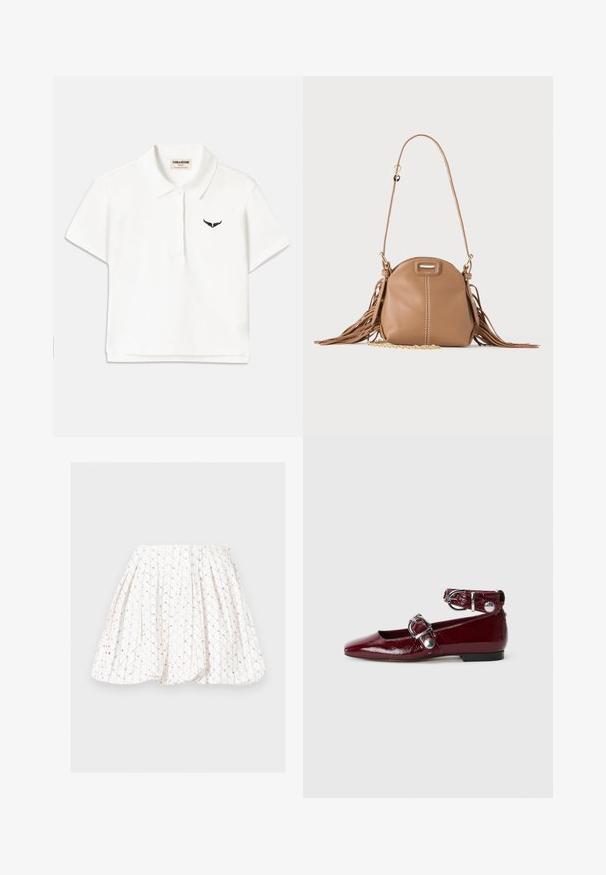T-shirt polo blanc à manches courtes, présentant un logo d'aile noir sur la poitrine gauche et un col classique. Tissu doux.; Jupe plissée blanche avec un motif délicat de sequins dorés et beiges disposés en lignes verticales et petits groupes.; Ballerines en cuir verni bordeaux avec un bout pointu, une bride de cheville avec une boucle en argent et un petit talon. Texture lisse sur l'ensemble.; Petit sac à bandoulière en cuir fauve avec longue bandoulière, détail chaîne dorée et franges des deux côtés sur un fond neutre.