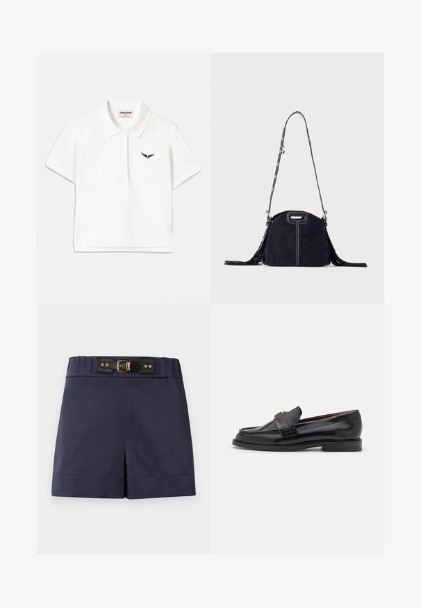 T-shirt polo blanc à manches courtes, présentant un logo d'aile noir sur la poitrine gauche et un col classique. Tissu doux.; Shorts taille haute bleu marine avec ceinture noire à boucle et ferrures dorées sur un fond clair uni.; Mocassins en cuir noir avec un motif cousu, texture lisse, détail de boucle dorée et bout arrondi, posés sur une semelle noire basse.; Sac à main en daim bleu foncé avec des coutures blanches, une poignée découpée, une bandoulière à motif et de longues franges des deux côtés.