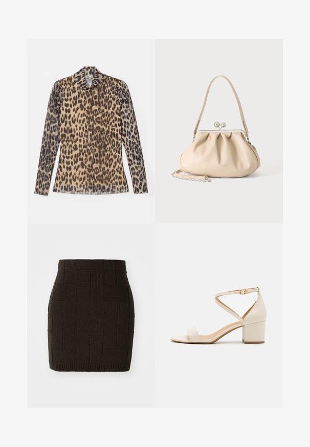 Halslange top met panterprint en lange mouwen, gemaakt van een lichte stof met beige en bruine patronen.; Gebreide donkerbruine minirok met een gestructureerd, geweven patroon en een aangesloten taille. De zoom is geribbeld voor extra detail.; Beige blokhak sandalen met een minimalistisch ontwerp, open neus en verstelbare enkelriem met een gouden gesp detail. Zachte textuur.; Beige zachte leren handtas met een zilveren metalen frame sluiting, een enkele schouderriem en een optionele kettingriem op een witte achtergrond.