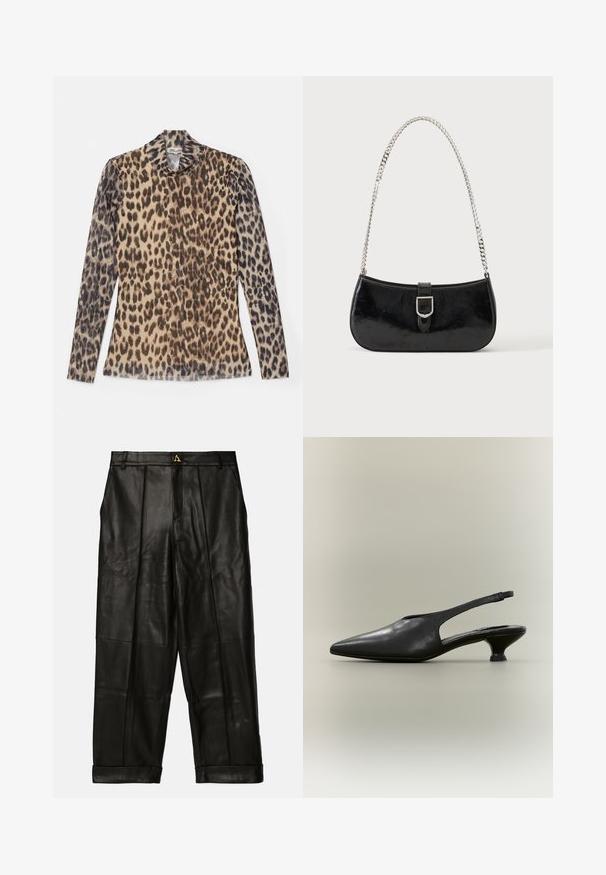 Langärmliges Top mit Leopardenmuster und Rundhalsausschnitt, aus einem leichten Stoff mit beigen und braunen Mustern gefertigt.; AERON ZIMA PANTS - Lederhose - black; Schwarzer Slingback-Schuh aus Leder mit spitzer Zehenpartie und niedrigem Kitten-Heel vor neutralem Hintergrund.; Schwarze Schultertasche aus Lackleder mit silberner Schnalle und silbernem Kettenriemen, auf hellem einfarbigen Hintergrund präsentiert.