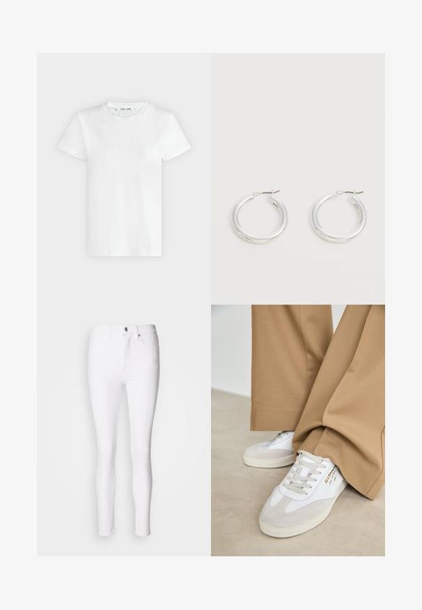 Ein schlichtes weißes T-Shirt mit kurzen Ärmeln und Rundhalsausschnitt liegt flach auf einem hellgrauen Hintergrund, zeigt die Vorderseite mit einem Etikett im Halsausschnitt.; Weiße Denim-Skinny-Jeans mit hoher Taille, ausgestattet mit einem Frontknopf und Reißverschluss sowie fünf Taschen. Glatte Textur, figurbetontes Design.; Weiße Sneakers mit Wildlederakzenten, strukturierten Schnürsenkeln und einer Gummisohle. Kombiniert mit lockeren, sandfarbenen Hosen. Logo an der Seite angebracht.; Paar mittelgroße glänzende silberne Hoop-Ohrringe mit dünnen Metallverschlüssen auf hellem neutralem Hintergrund.