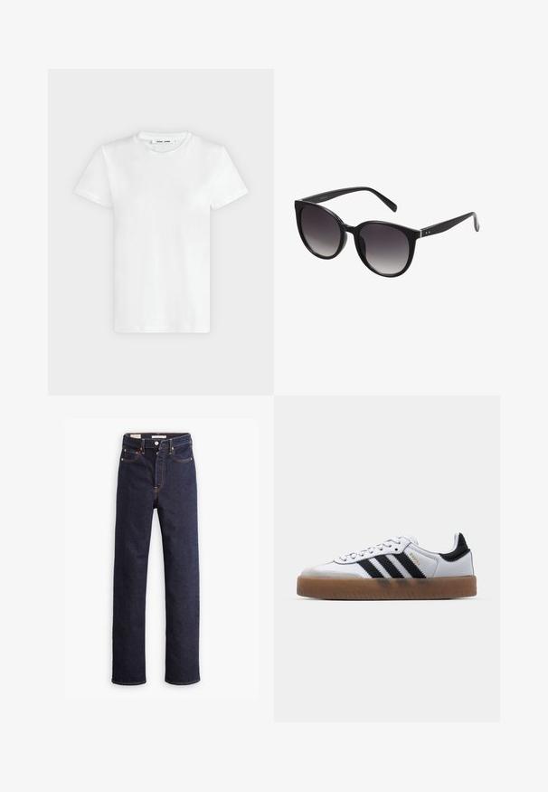 Effen witte T-shirt met korte mouwen en ronde hals, plat liggend op een lichtgrijze achtergrond, met voorzijde en label aan de binnenkant van de halslijn zichtbaar.; Donkerblauwe straight-leg denim jeans met vijf zakken en zichtbare oranje stiksels op een witte achtergrond.; Witte leren sneakers met zwarte strepen, gumrubberen buitenzool, ronde neus, vetersluiting en een zachte grijze suède neuskap.; Zwarte cat-eye zonnebril met gradient lenzen, kunststof montuur, een gladde textuur en zilveren accentdetails op de armen.