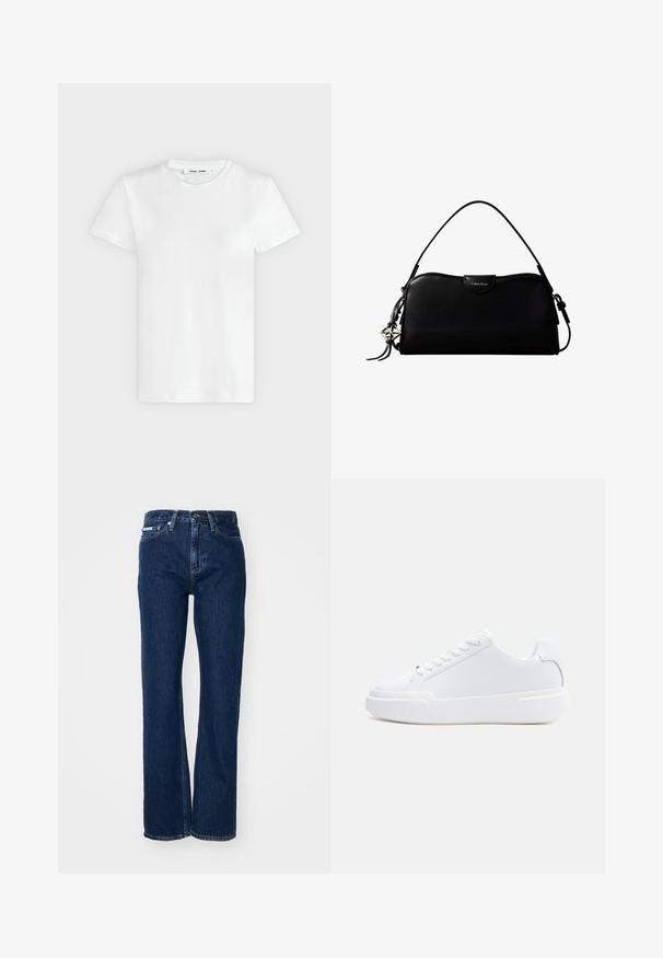 Camiseta blanca lisa de manga corta y cuello redondo, colocada plana sobre un fondo gris claro, mostrando la parte delantera con etiqueta dentro del escote.; Vaqueros de mezclilla azul oscuro con piernas rectas, cierre de botón y cinco bolsillos. La tela tiene una ligera textura con sutiles detalles en la costura.; Zapatilla blanca de corte bajo con cierre de cordones, suela gruesa y parte superior lisa, mostrada desde el lado exterior sobre un fondo claro y sencillo.; Bolso rectangular negro de Calvin Klein con una única correa superior, dije con el logo plateado y un pequeño cierre de solapa en la parte frontal.