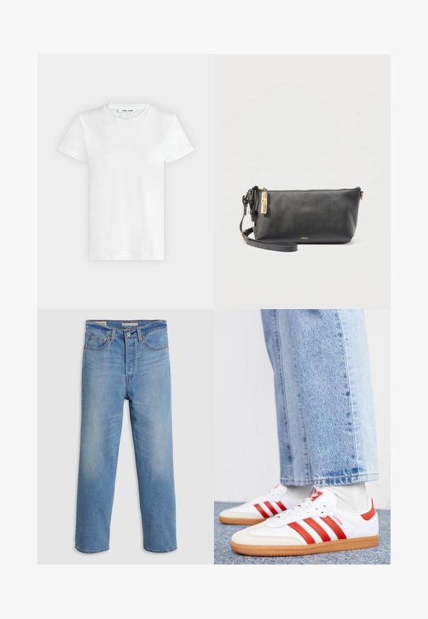 Ein schlichtes weißes T-Shirt mit kurzen Ärmeln und Rundhalsausschnitt liegt flach auf einem hellgrauen Hintergrund, zeigt die Vorderseite mit einem Etikett im Halsausschnitt.; Hellblaue gerade geschnittene Jeans aus Denim mit Fronttaschen, Gürtelschlaufen und einem Knopfverschluss auf einem schlichten Hintergrund.; Weiße Leder Sneaker mit roten Streifen und Akzenten. Verfügt über eine strukturierte Gummi-Laufsohle und einen gepolsterten Schaft. Tragen mit hellblauer Jeans.; Schwarzes, genarbtes Leder-Armband mit goldfarbenem Reißverschluss und Beschlägen, schmalem Riemen und kleinem "Furla"-Logo in der Mitte vorne.