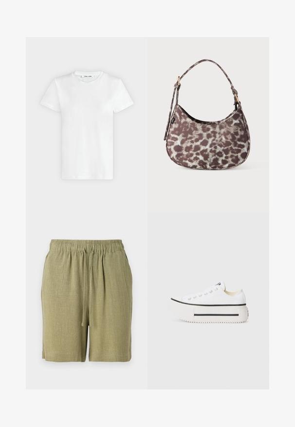 T-shirt blanc uni à manches courtes et col rond, posé à plat sur un fond gris clair, montrant le devant avec l'étiquette à l'intérieur du col.; Shorts vert olive fabriqués en tissu texturé et respirant. Dotés d'une taille élastique et d'un cordon de serrage pour un ajustement réglable.; Baskets platform blanches en toile avec semelle en caoutchouc noire, bout rond, et œillets en métal, présentant un design simple et épuré.; Petit sac à main avec un motif animalier marron foncé et beige clair et une courte bandoulière sur fond blanc.