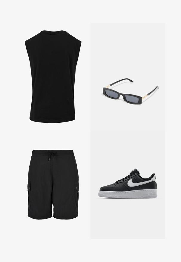 Sort ærmeløs top lavet af glat, let materiale med rund halsudskæring og afslappet pasform. Ingen synlige mønstre eller detaljer.; Sorte cargoshorts med elastisk talje, justerbar snøre og knaplukning på sidelommerne.; Sort lædersneaker med tekstureret overflade, hvid Nike swoosh, grå sål, rund tå og snørebåndsdesign. Har perforeringer på tåboksen.; Rektangulære sorte solbriller med mørke linser. Slanke, flade arme har en guldfarvet detalje. Glat plastisk ramme med mat finish.