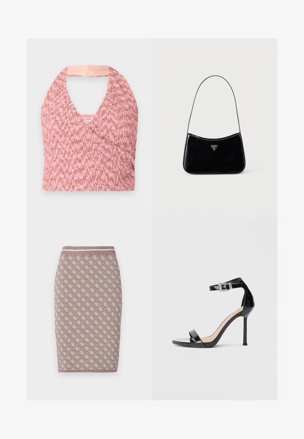 Lys pink halterneck top lavet af tekstureret strikket stof med et omslag design, der har en blød beige kant bagpå for en sikker pasform.; Strikket blyantskirt i lys brun med et mønster i creme, forsynet med en ribbet talje, der har en kontrastlinje. Glat tekstur.; Sort højhælet sandal i laklæder med ankelrem. Har minimalistisk design, åben tå og spænde med rhinsten-detaljer.; Sort skuldertaske i laklæder med tynd rem, trekantet Guess-logo foran og lynlåslukning i toppen.