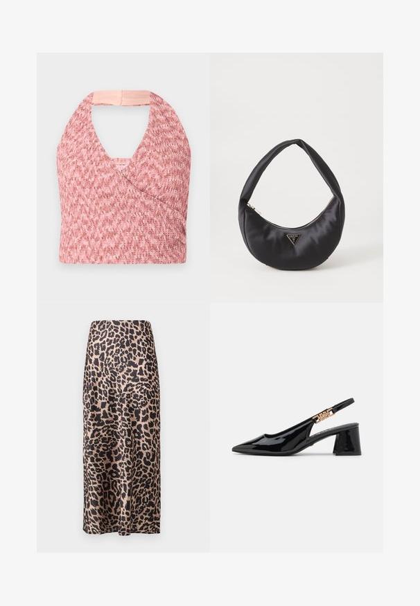 Lys pink halterneck top lavet af tekstureret strikket stof med et omslag design, der har en blød beige kant bagpå for en sikker pasform.; Leopardprint satin nederdel med høj talje, knælang silhuet, blank tekstur og en flydende design.; Sorte patentlæder slingback pumps med spidse tæer og guldfarvet hardware på remmen, med en blokhælhøjder. Glat tekstur.; Sort satin håndtaske med en buet form, der har en lynlåslukning og et trekantet logo i metal på forsiden. Glat tekstur og slankt design.