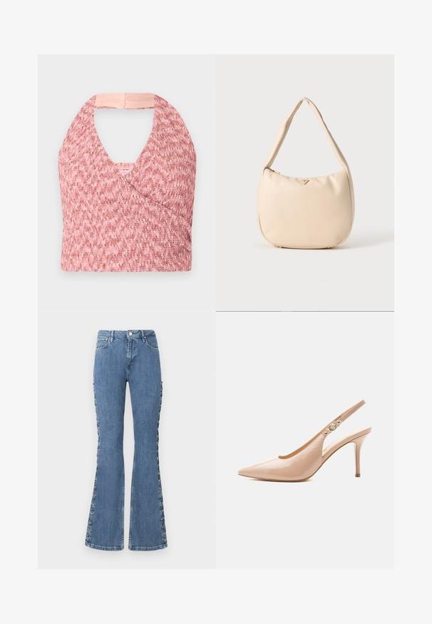 Svetloružová halter top vyrobená z textúrovanej pleteniny s obálkovým dizajnom, obsahujúca jemný béžový pás vzadu pre bezpečné uchytenie.; Vysokozúbkové, rozšírené modré jeansy vyrobené z denimu s dekoratívnym šnurovaním po stranách a klasickým dizajnom s piatimi vreckami.; Béžová lakovaná vysoká obuv so zúženou špičkou a malou zlatou prackou na remienku.; Béžová hobo taška vyrobená z hladkého syntetického materiálu, s zakriveným tvarom, jedným uchom a subtílnym logom na prednej strane. Zipsové uzatváranie.