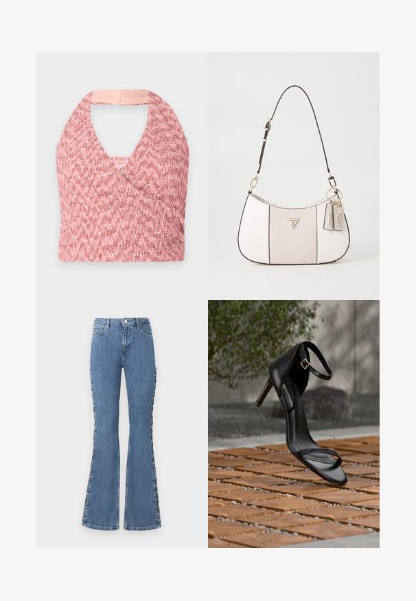 Svetloružová halter top vyrobená z textúrovanej pleteniny s obálkovým dizajnom, obsahujúca jemný béžový pás vzadu pre bezpečné uchytenie.; Vysokozúbkové, rozšírené modré jeansy vyrobené z denimu s dekoratívnym šnurovaním po stranách a klasickým dizajnom s piatimi vreckami.; Čierna sandála na vysokom podpätku s remienkom okolo členka sa zdá byť zavesená nad drevenou dlažbou vonku s rozmazaným zeleným porastom a kamenným pozadím.; Biela textúrovaná kabelka s zakriveným tvarom, so čiernym popruhom, zlatými kovovými detailami a pripevnenými značkami.