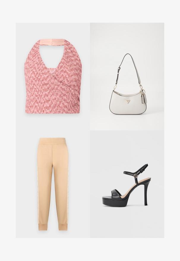 Lys pink halterneck top lavet af tekstureret strikket stof med et omslag design, der har en blød beige kant bagpå for en sikker pasform.; Beige sweatpants med en glat tekstur, der har et tapered design, elastisk talje og mønstrede sidelommer.; Sorte platformsandaler med høj stiletthæl, der har en glat læderoverdel, peep toe-design og en justerbar ankelrem med metalbeslag.; Hvid tekstureret håndtaske med en buet form, guldfarvet hardware, en aftagelig rem og et logo-akcent. Inkluderer en nøglekædetag med branding.