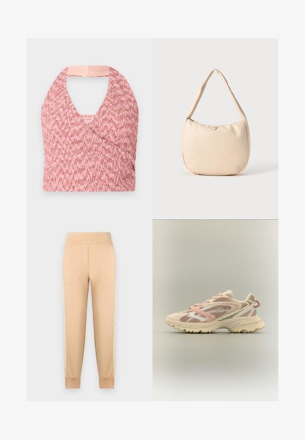 Top halter rosa claro elaborado con un tejido de punto texturizado con un diseño de envoltura, que presenta una suave banda beige en la parte posterior para un ajuste seguro.; Pantalones de chándal beige con una textura suave, que presentan un diseño tapered, cintura elástica y paneles laterales estampados.; Zapatilla de correr con parte superior de malla en tonos rosa, beige y crema, refuerzos sintéticos, suela gruesa y suela texturizada para agarre, vista lateral.; Bolso hobo beige hecho de material sintético suave, con forma curva, una sola asa y un logotipo sutil en la parte frontal. Cierre con cremallera.