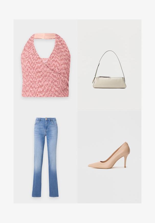 Top halter rosa claro elaborado con un tejido de punto texturizado con un diseño de envoltura, que presenta una suave banda beige en la parte posterior para un ajuste seguro.; Jeans de denim azul claro con forma acampanada, diseño de cinco bolsillos y cierre frontal de botón. Desgastados en el dobladillo para un efecto degradado.; Zapato de tacón alto de cuero beige con punta puntiaguda, textura suave y tacón de aguja delgado. Diseño minimalista con estilo sin cordones.; Pequeño bolso de hombro de cuero beige con una correa fina y cierre de cremallera, con un logo metálico discreto en el centro del frente.