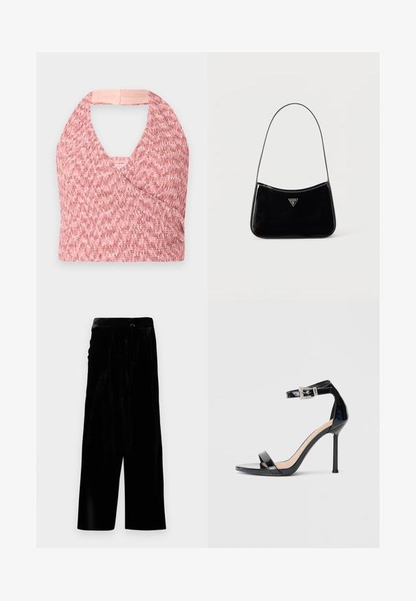 Top halter rosa claro elaborado con un tejido de punto texturizado con un diseño de envoltura, que presenta una suave banda beige en la parte posterior para un ajuste seguro.; Pantalones de terciopelo negro de pierna ancha con cintura alta y cierre de cremallera lateral, mostrados sobre un fondo blanco.; Sandalia de tacón alto en piel sintética negra con correa en el tobillo. Presenta un diseño minimalista, punta abierta y una hebilla con detalles de pedrería.; Bolso de hombro de charol negro con correa delgada, logotipo triangular de Guess en el frente y cierre superior con cremallera.